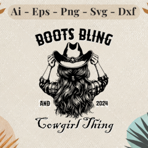 Illustration of a cowgirl with wavy hair tipping her cowboy hat with the text "Boots Bling and Cowgirl Thing 2025"