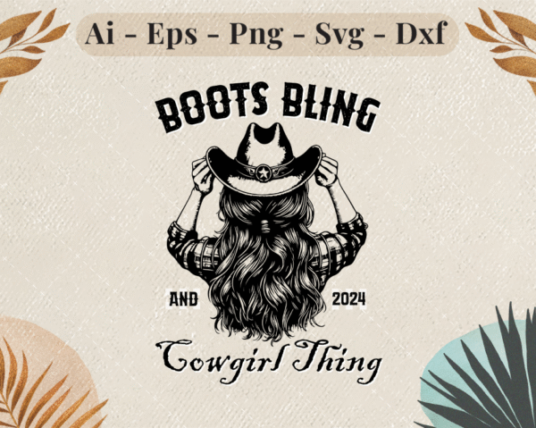 Illustration of a cowgirl with wavy hair tipping her cowboy hat with the text "Boots Bling and Cowgirl Thing 2025"