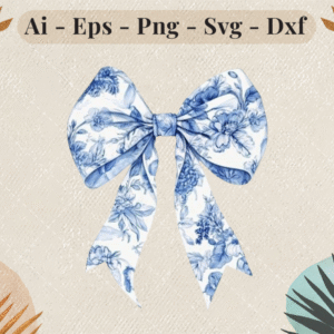 Elegant porcelain-inspired blue floral bow design with soft vintage tones, available in digital formats for cutting machines.