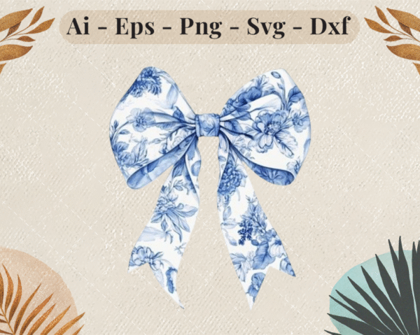 Elegant porcelain-inspired blue floral bow design with soft vintage tones, available in digital formats for cutting machines.