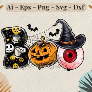 Halloween BOO design with pumpkin, eyeball, witch hat, spider web, and bats