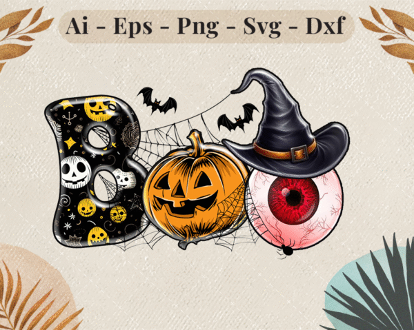 Halloween BOO design with pumpkin, eyeball, witch hat, spider web, and bats