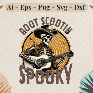 Skeleton cowboy playing guitar with western sunset background and “Root Scootin’ Spooky” text